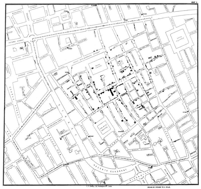 Original map by John Snow showing the clusters of cholera cases in the London epidemic of 1854, drawn and lithographed by Charles Cheffins.